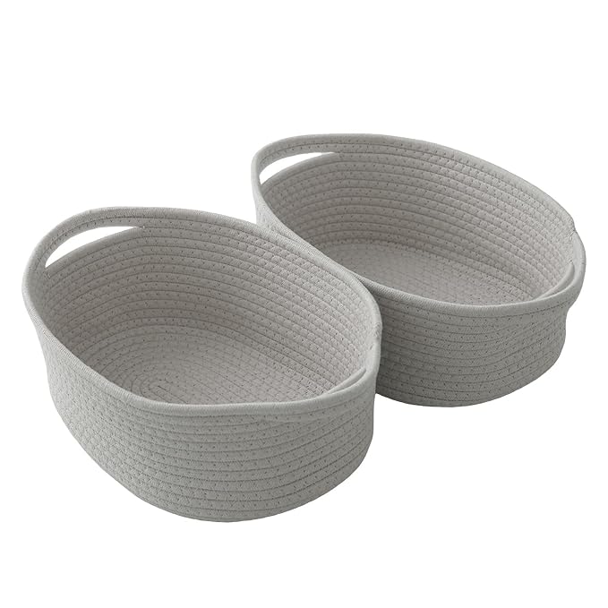 2 Pack White Small Woven Rope Basket with Handles | Empty Gifts Basket with Bag and Ribbons, Cute Handle Organizer Box, Birthday/Baby Shower, Toy Storage
