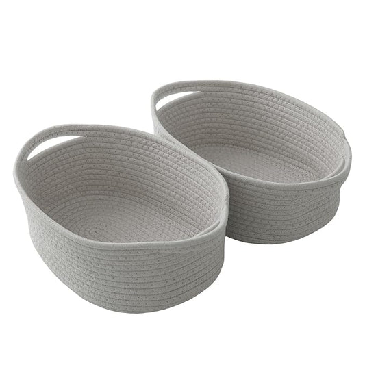 2 Pack White Small Woven Rope Basket with Handles | Empty Gifts Basket with Bag and Ribbons, Cute Handle Organizer Box, Birthday/Baby Shower, Toy Storage