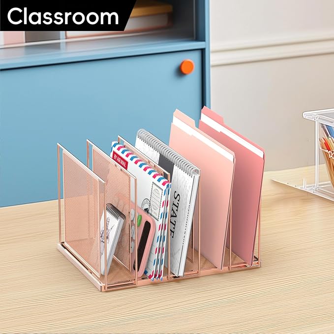 File Organizer for Desk, 5-Section Vertical File Sorter, Paper Holder Organizer Standing Metal File Folder for Office Home Classroom, Rose Gold