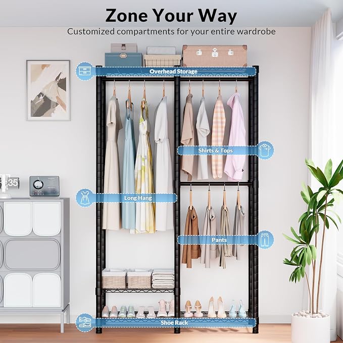 Heavy Duty Clothes Rack, 3 Tiers Sturdy Metal Clothing Rack with Hanger Rods & Shelves, Portable Closet Rack for Bedroom 45" W × 16" D × 76" H, Garment Rack Holds 450lb, Easy Assembly&Storage