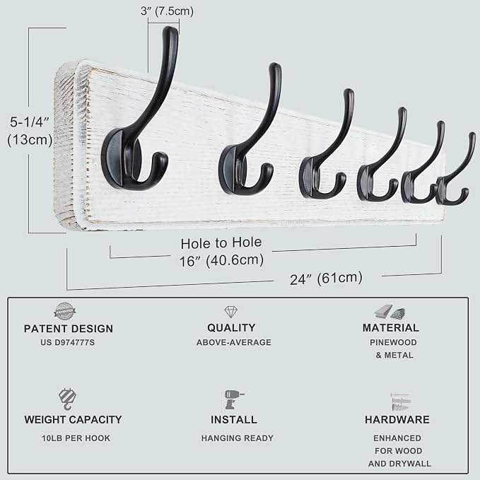 Wall Mounted Coat Rack: 24" Long, Patented, Heavy-Duty, 6-Double-Hooks Wooden Hanger Rail for Winter Coats, Hat, Jacket, Clothing - White & Black, Pack of 2