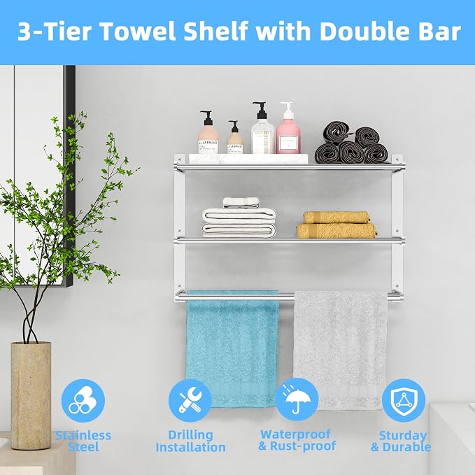 KLJKPA 24 Inch Towel Racks for Bathroom Wall-Mount, 3-Tier, Brushed Nickel | Towel Shelf with Double Towel Bar, Towel Holder, Towel Storage for Bathroom Lavatory, Stainless Steel, Space Saving