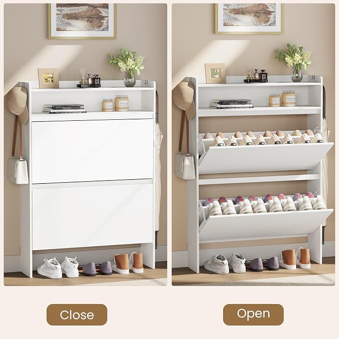 Modern Shoe Cabinet with 2 Flip Drawers & Open Storage, 31.5" W White | Freestanding shoe cabinet with flip drawers ,white design and space-saving storage for entryway,foyer & hallway.