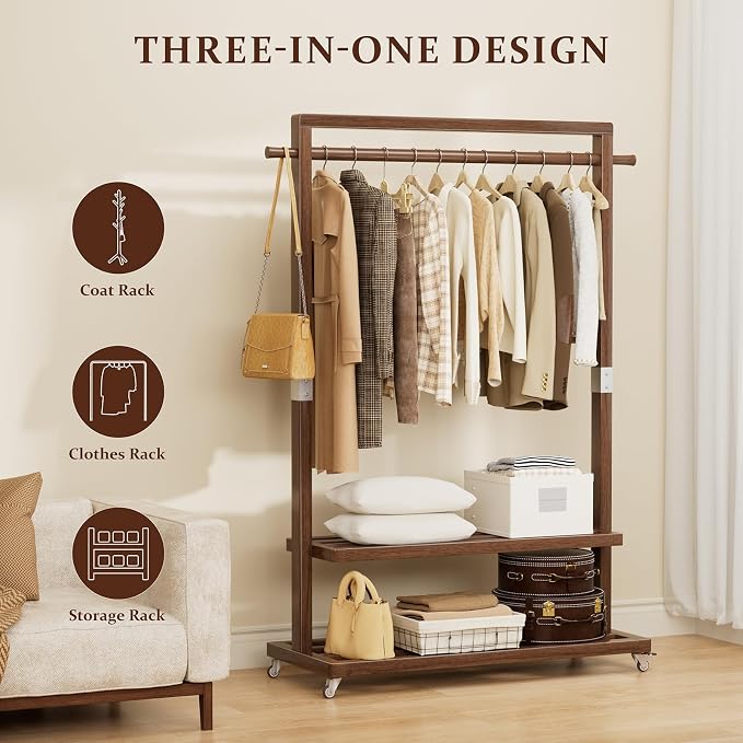 Solid Wood Clothes Rack with Wheels 3-in-1 Garment Rack Extra Long Rod 2 Shelves