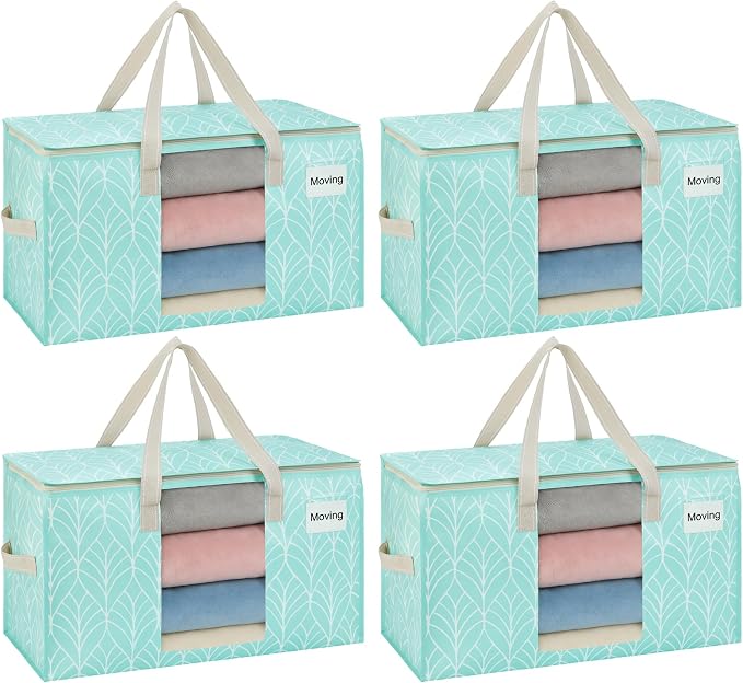 VENO Moving Bags, Wide Open Top, Clear Window, Evergreen, 4 Pack | Moving boxes Alternative, Heavy Duty, Storage Bags, Clothes and Comforter Storage, Packing Supplies, College Dorm Essentials