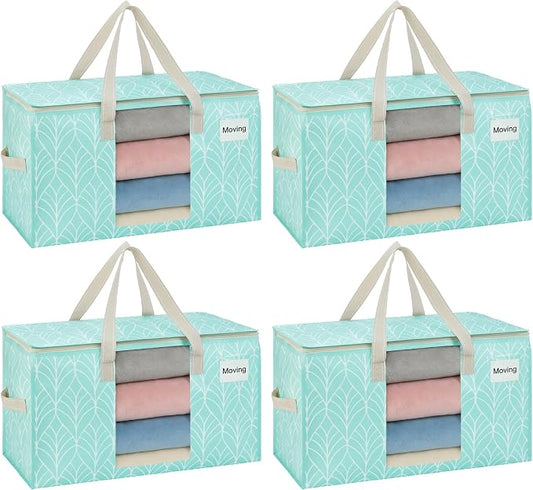 VENO Moving Bags, Wide Open Top, Clear Window, Evergreen, 4 Pack | Moving boxes Alternative, Heavy Duty, Storage Bags, Clothes and Comforter Storage, Packing Supplies, College Dorm Essentials