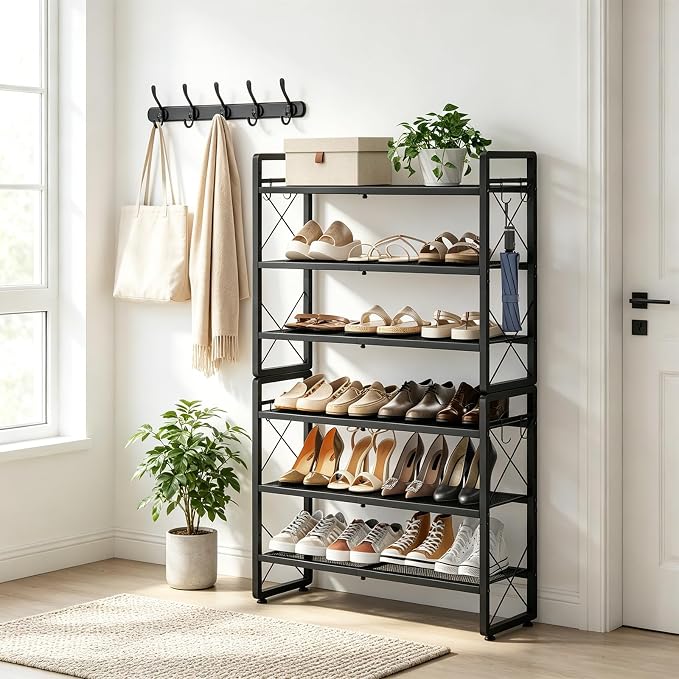 ELYKEN Expandable Shoe Rack for Closet, 6-Tier Metal Black Shoe Organizer | Adjustable Height Shoe Shelf for Boots, Heels, with 8 Hooks, Stackable Shoe Stand Holder for Entryway, Garage, Door Entrance