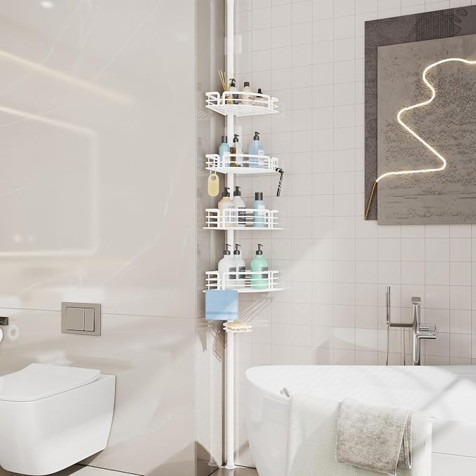 Consumest Shower Caddy Tension Pole - Adjustable Corner Shower Organizer with Soap Holder, Bath Shelves for Bathroom Storage, 27.6-108.3 inch, White