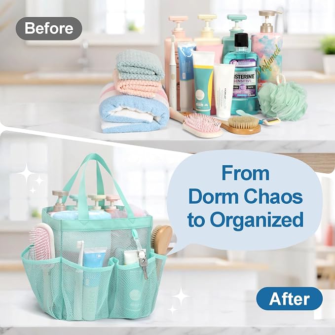 Mesh Shower Caddy Portable - 8 Pockets, S-Hook, Shower Bag for Dorm Camping | 2-Handle, Quick-Dry, Hanging Toiletry Organizer, College Dorm Room Essentials for Girls, Gym, Travel & Bathroom, Sage Green