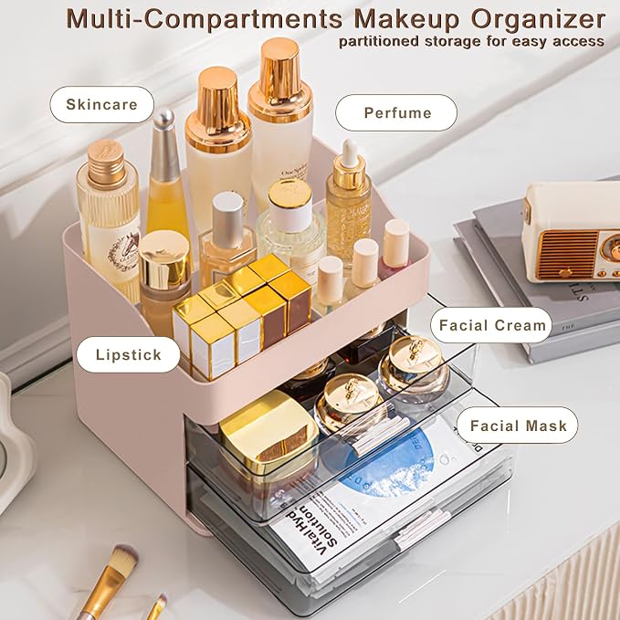 DASITON Makeup Organizer with 2 Drawers, Large Capacity Makeup Cosmetic Organizers for Vanity Dresser Bathroom Countertop, Vanity Organizer Makeup Storage Box for Skincare, Eyeshadow, Lotions (Pink)
