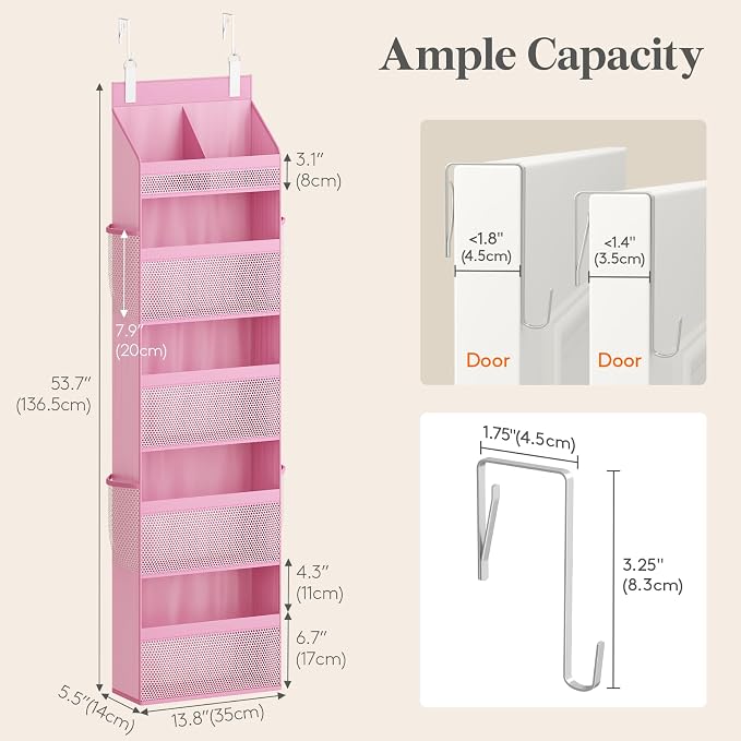 Lifewit Baby Over the Door Hanging Organiser, Hanging Shelves with Transparent Pockets for Stuffed Toys for Children's Room, Baby Items in the Pantry, Bedroom, Wardrobe, (Pink, 5 Tier)
