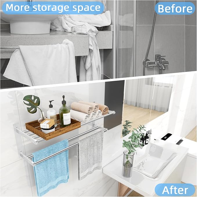 KLJKPA 24 Inch Towel Racks for Bathroom Wall-Mount, 2-Tier, Brushed Nickel | Towel Shelf with Double Towel Bar, Towel Holder, Towel Storage for Bathroom Lavatory, Stainless Steel, Space Saving