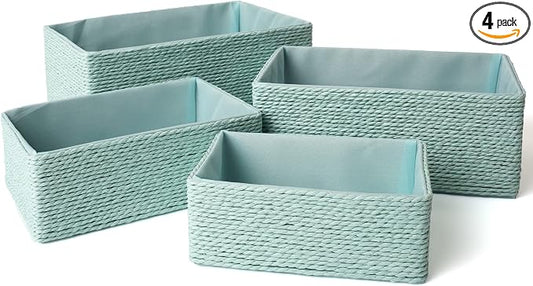LA JOLIE MUSE Bathroom Basket Organizers, Paper Rope Storage, Green 4 Pack | Stackable, Sturdy Lined Woven Basket, Organizer for Toilet Paper, Laundry Room Essentials, Shelves and Nightstand Drawers