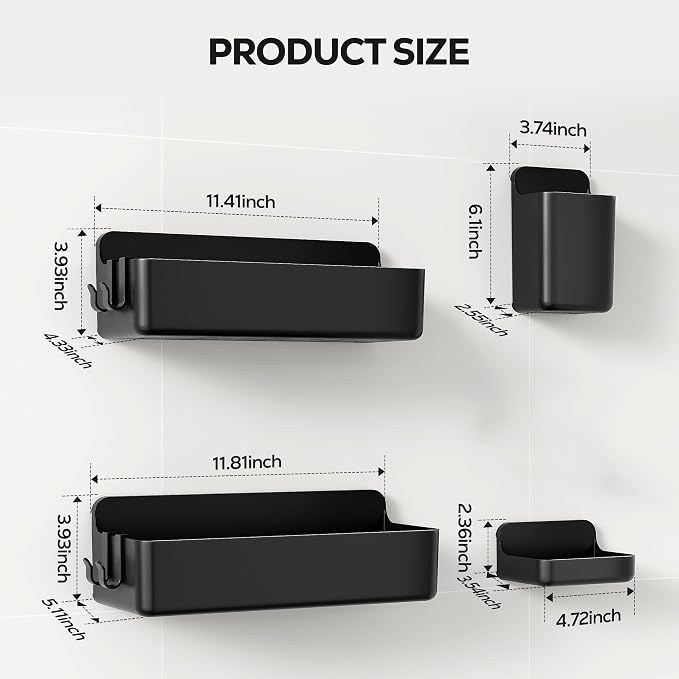 Nieifi Adhesive Shower Shelves, Black, 4 Pieces | Rustproof ABS, Large Capacity, Removable Design, Easy-Clean, No Drilling Shower Organizer for Bathroom Storage & Home Decor