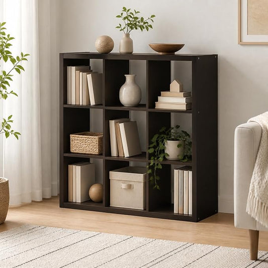 9-Cube Cubicle Bookshelf, Cube Bookcase with Open Back, Reversible Book Shelf, Cube Storage Organizer, 15 x 44 x 44, for Living Room, Home Office, Dark Oak