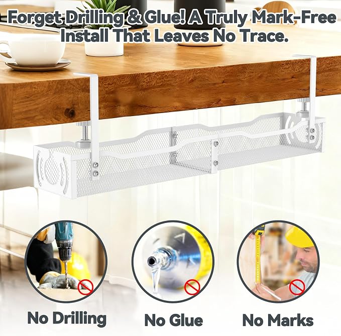 Cable Management, 25.3'' Under Desk Cable Management Tray No Drill | Metal Cable Organizer with Clamp for Wire Management, Cord Organizer for Home Office, Desk Accessories Organizer, White