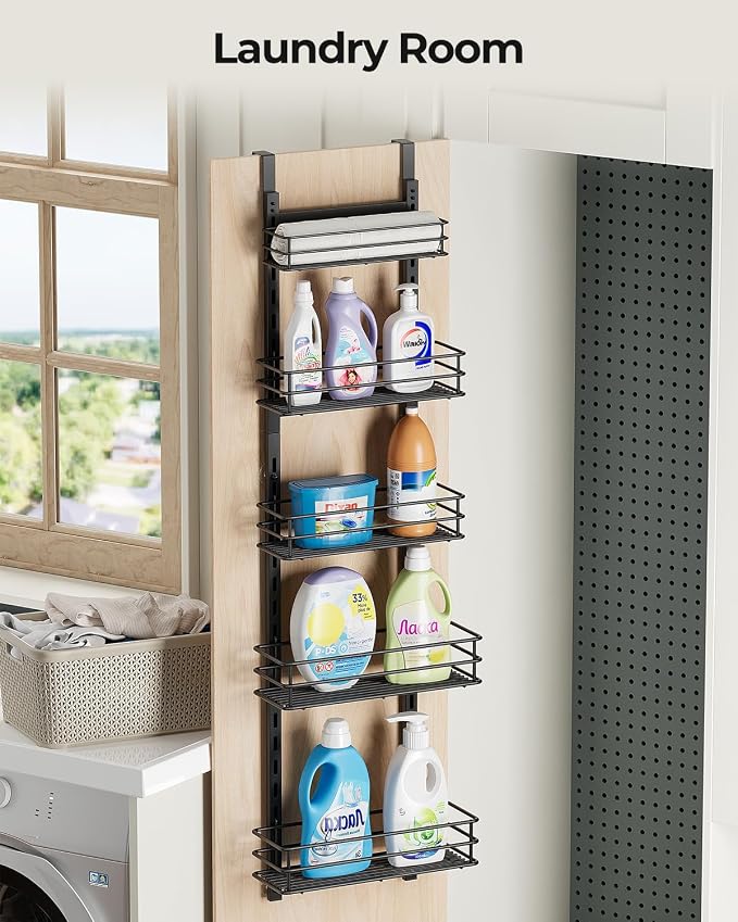 5-Tier Narrow Pantry Door Organizer,Over the Door Pantry Organizer,Black | Height Adjustable Heavy Duty Hanging Metal Basket,Back of Door Organizers and Storage for Home,Kitchen,Laundry,Bathroom