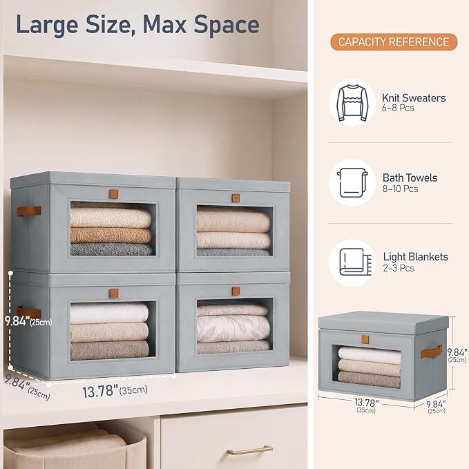 DIMJ Storage Bins with Lids - 6 Pack Front Opening Stackable Fabric Storage Boxes with Clear Window & Handles, Collapsible Closet Organizers for Clothes, Sweaters, Shelf Storage, Bedroom, Gray