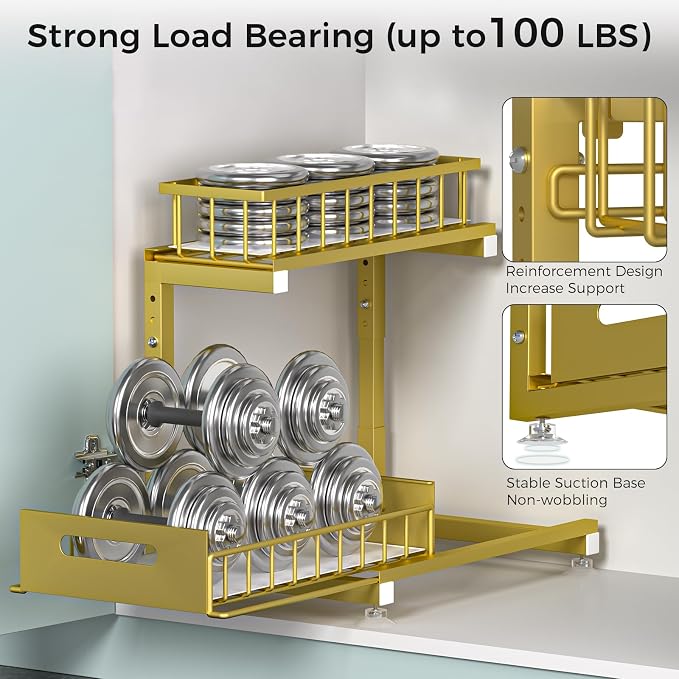 L-Shaped Under Sink Organizer, 2-Tier Pull-out Cabinet Rack 1-Pack | Gold Height-Adjustable Metal Rack, Sliding Grid Drawers with Safety Stopper, Holds 100 Lbs, Ideal Kitchen Cabinet Storage