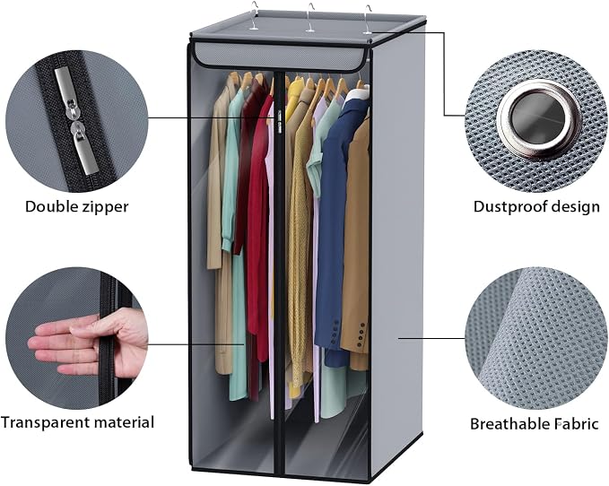 Univivi Garment Bags for Hanging Clothes, Cloth Bag 40 In, 2 PCS, Grey | Large Capacity, Easy Assembly, Clear Window, Dustproof, Durable Zipper, Hanging Garment Storage Bag for Suit, Coat, Dress