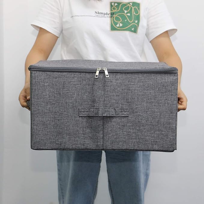 iwill CREATE PRO Pack of 3, 17.7 * 13.8 * 9.8" Stackable Folding Storage Baskets with Lid & Carry Handles & Memo Pocket, Good Wardrobe Separator Bins, Dark Gray