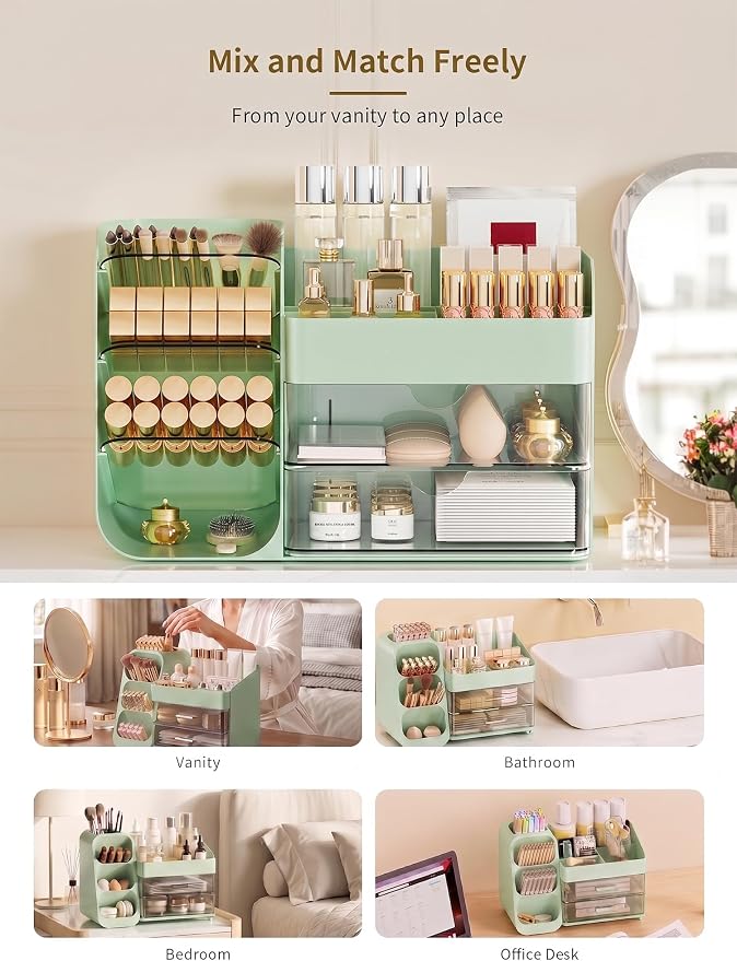 Booklov Small Makeup Organizer for Vanity Countertop, Green | Clear Acrylic Cosmetic Display Case, Beauty Brush Holder for Bathroom Counter, Make Up Skincare Lipsticks Storage