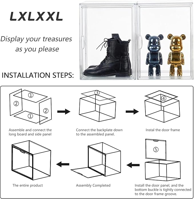 LXLXXL Acrylic Display Case, 4-Pack XL Stackable Bins with Magnetic Lid | Stackable Storage Bins 4 Pack XL, Clear Acrylic Box with Magnetic Lids for Figures and Cosmetics, Dustproof & Space-Saving