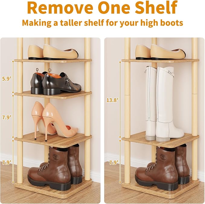 8 Tiers Vertical Shoe Rack, Tall Narrow Shoe Tower Corner Shoe Rack, Walnut | Small Shoe Organizer for Entryway, Closet, Dorm & Small Spaces, Freestanding Wooden Shoe Shelf for Boots, Sneakers, Heels.