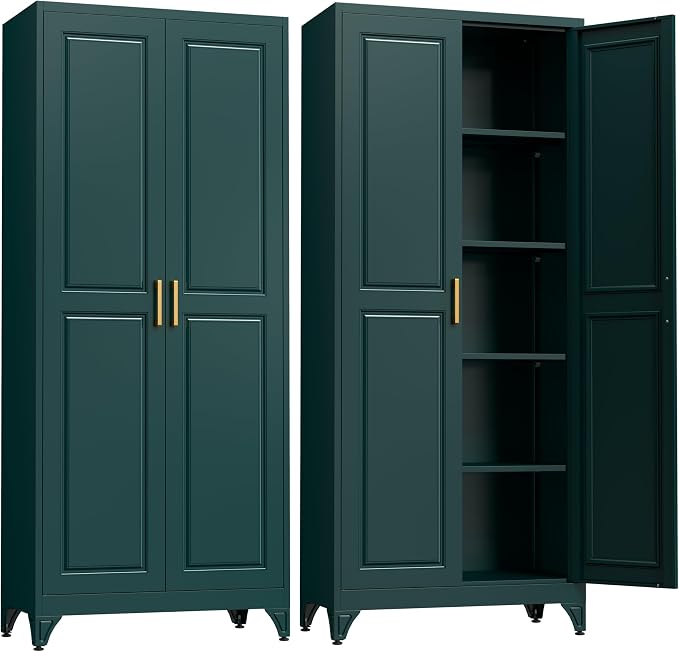 SteeLoong 75”Metal Pantry Storage Cabinet with Doors & 4 Adjustable Shelves | Kitchen Pantry Cabinet,Green Kitchen Cabinet with 2 Gold Handles,Tall Cabinet for Livingroom,Pantry, Bathroom,Kitchen,Garage