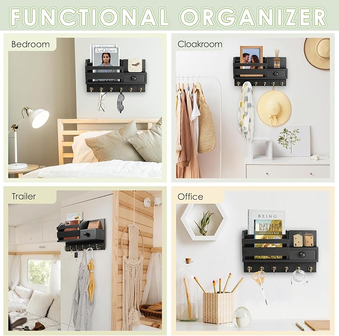 VIS'V Key Holder Wall Mount, Wooden Mail and Key Organizer, Black | Contains Little Drawer, Small Shelf, 2 Slots, 6 Hooks, for Entryway, Hallway, Doorway, Kitchen, Garage, Camper