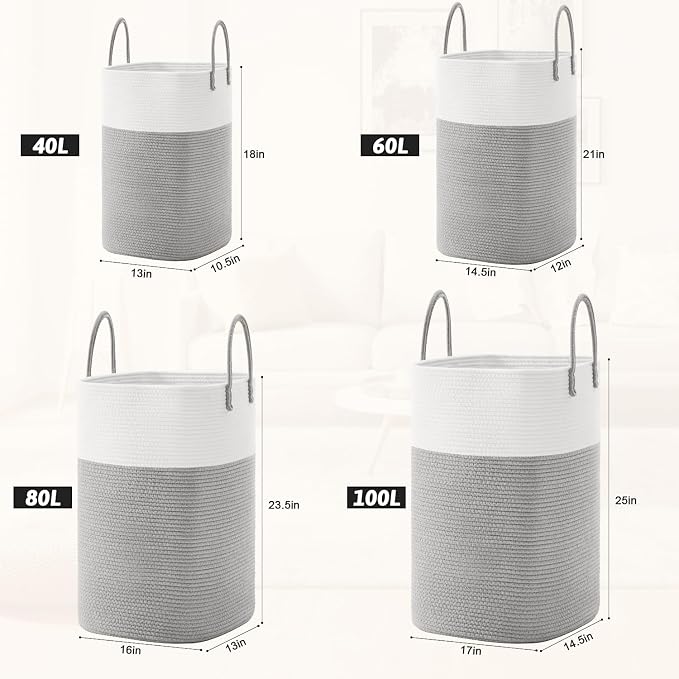 Laundry Basket,Woven Cotton Rope Laundry Hamper,Versatile Storage for Dirty Clothes,Baby Toys,and Blankets in Bathroom, Nursery,and Living Room (Grey, 60L)