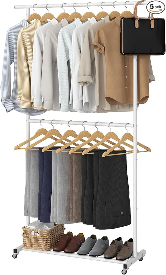 Sywhitta Double Rod Metal Clothing Rack on Wheels with Bottom Mesh,White | Rolling Garment Organizer, for Hanging Clothes,Coats,Easy to Assemble,Space-Saving,Mobile Organizer for Closet