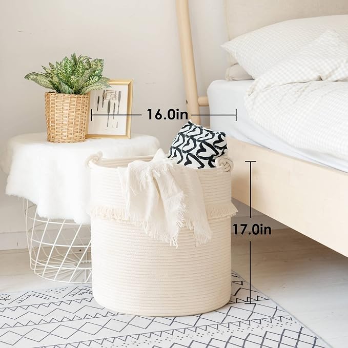 CherryNow 60L Woven Rope Baby Basket with Tassel, 17" x 16", Off-white | Decorative Boho Laundry Basket for Blankets & Towels Storage, Fits Living Room & Nursery Home Decor, with Knotted Handles