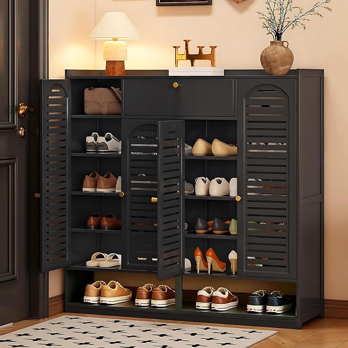 Shoe Cabinet with Louvered Doors, Freestanding Entryway Shoe Storage Cabinet with Drawer & Open Compartment, Modern Bamboo Shoe Rack Organizer with Thickened Adjustable Shelves for Closet