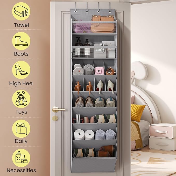 Mefirt 16-20 Pairs Over the Door Shoe Organizer, Clear Pockets Shoe Rack for Closet Door, Hanging Shoe Rack for Boots, Behind the Door Shoe Holder Fit All the Family's Sneakers, Boots, Heels, Grey