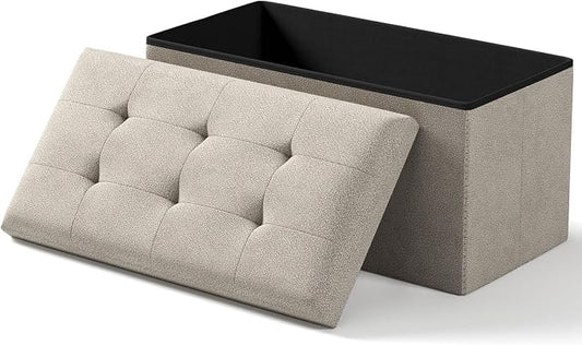 Folding Storage Ottoman Bench, Sandy Beige, 30 Inches | Multi-Functional Ottoman Foot Rest, End of Bed Bench, Storage Chest, Living Room, Bedroom, Hallway, Entryway, 600 lb Capacity