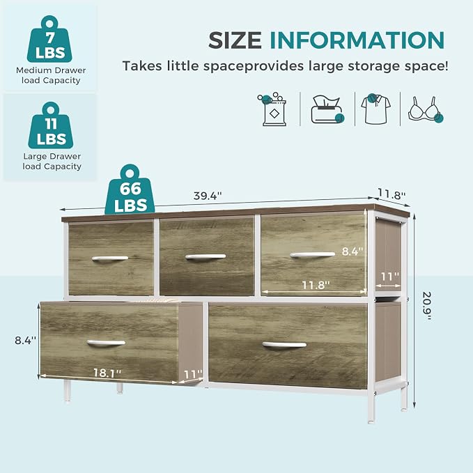 OLIXIS 5 Drawer Dresser for Bedroom, Storage Organizer Unit for Closet | Chest of Drawers for Clothes Storage with Bins, Wide Fabric Bedroom Dresser, Wooden Top, Living Room, Greige Oak