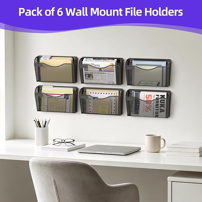 6 Pack Mesh Wall File Organizer, Wall Mount File Holder Hanging Mail Organizer Single Pocket for Office,Home,School, Black (with Label Panel)