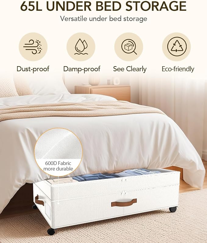 Under Bed Storage with Wheels, 10 inches Under Bed Storage Containers, 65L XXL Large Adjustable Underbed with Lids, Rolling Underbed Storage bins for Shoes, Clothes, Blankets, White