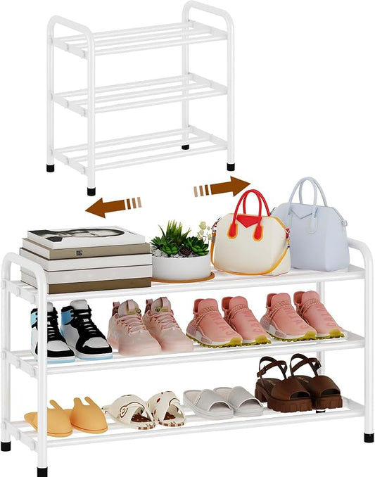 KANAV 3-Tier Expandable Shoe Rack, Heavy Duty Adjustable Metal Shoe Organizer for Closet & Entryway, Freestanding, Tool-Free Assembly, White