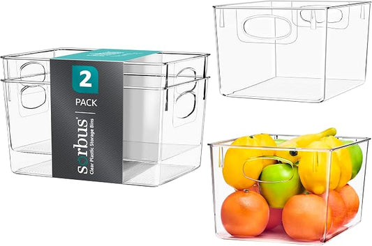 Sorbus Large Clear Plastic Storage Bins for Shelves, Clothes, with Handle - Clear Storage Bins, Drawer, Shelf, Closet, Pantry, Fridge, Freezer Organizer Bins, Closet Organizers and Storage (2 pack)