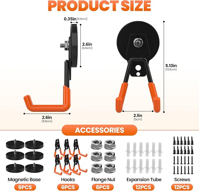 Magnetic Utility Hooks Heavy Duty, 6 Pack 2.6in Large Strong Magnet Utility Hooks, Magnetic Garage Hangers/Holder With Rubber Coating For Power Drill, Tool Storage, Indoor & Outdoor Hanging (Orange)