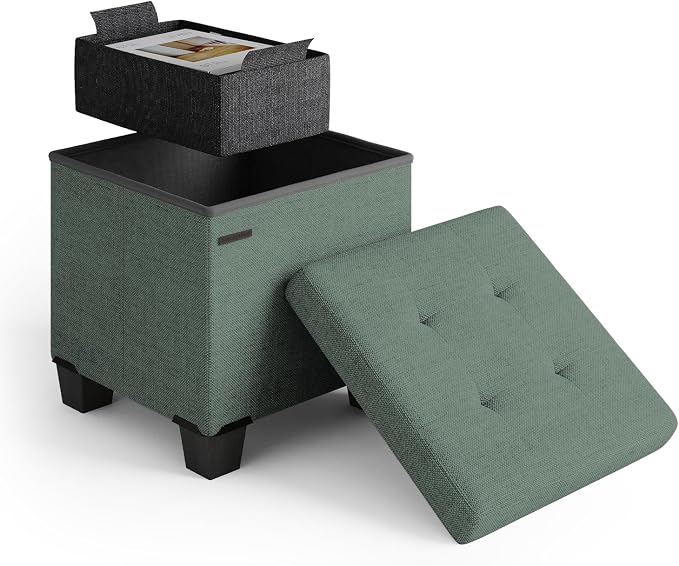Storage Ottoman Cube with Small Bin, 15-in Square Ottoman with Storage for Living Room and Bedroom, Small Ottomans Foot Rest, Fabric Foot Stools Ottomans Max 330lbs, Green