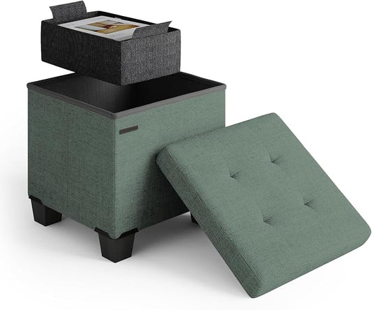 Storage Ottoman Cube with Small Bin, 15-in Square Ottoman with Storage for Living Room and Bedroom, Small Ottomans Foot Rest, Fabric Foot Stools Ottomans Max 330lbs, Green