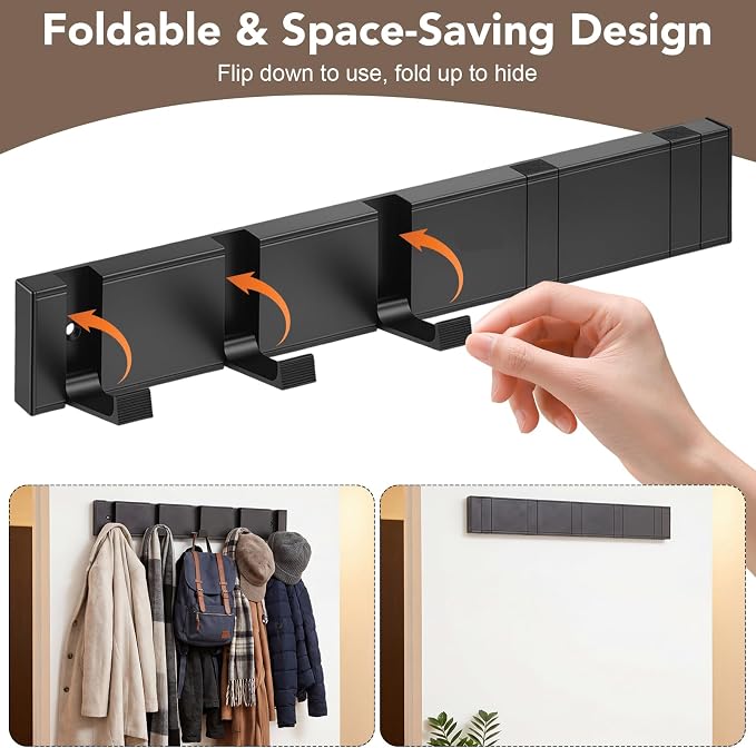 Wall Coat Rack with 5 Foldable Hooks, Black Metal Coat Hooks Hanger | Heavy-Duty Metal, Space-Saving Flip-Down Hooks, Easy Wall Mount, Ideal For Entryway, Bathroom Or Behind Doors