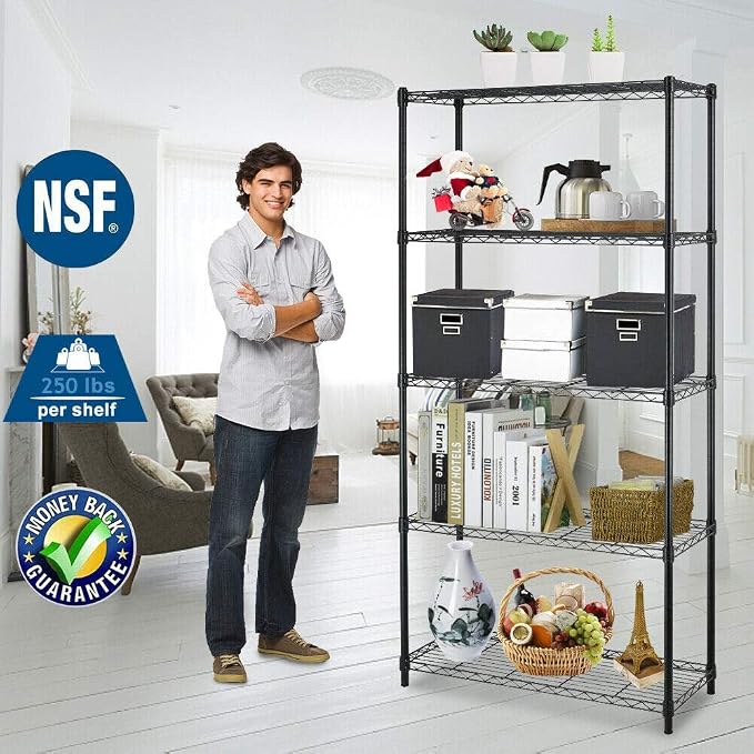 BestOffice | 5-Tier Wire Shelf | 36" x 14" x 72" | Black | Storage Shelves with Adjustable Racks, Holds upto 1000 lbs | Rust-Resistant, No-Tool Assembly | For Home, Garage