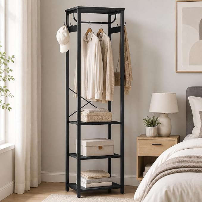 Coat Rack with Hanging Rod, Garment Rack with 3 Wooden Shelves and 4 Hooks, Freestanding Hall Tree, Industrial Clothes Rack Stand Organizer, Black