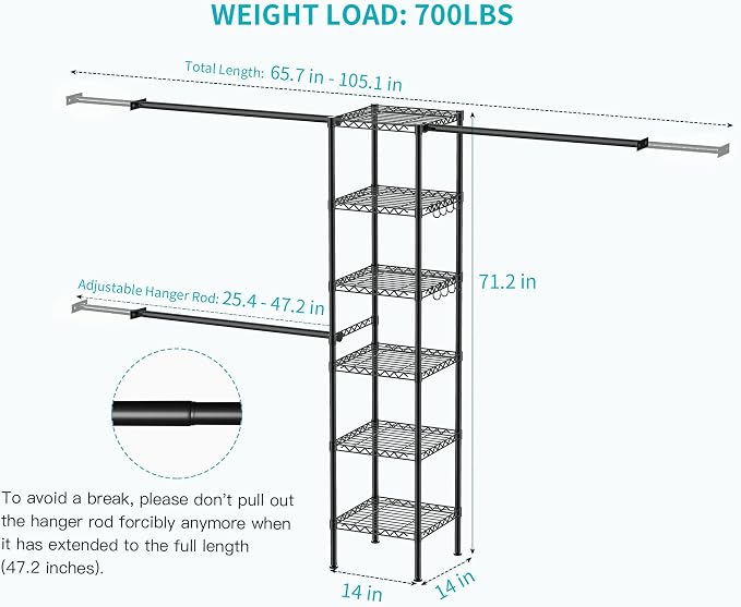 Ulif M1 Closet Storage Organizer System, 6 Tiers Heavy Duty Metal Clothing Garment Rack with 3 Expandable Hanger Rods, Wall Mounted Space Saver Suits from 3.3-8.7 ft. Width, 71.2”H x 14”D, Black