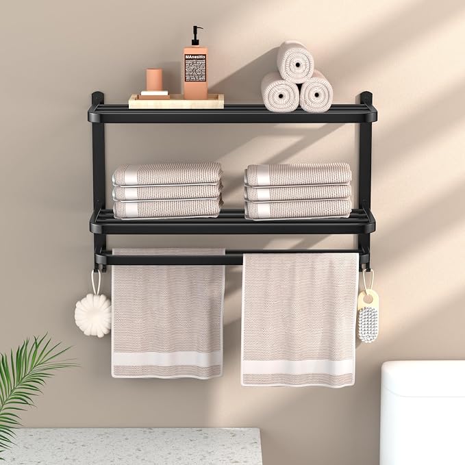 23 Inch 3-Tier Black Towel Racks for Bathroom with Towel Bars Multilayer Hotel Towel Shelf Stainless Steel Wall-Mounted Matte Finished Holder with Towel Shelves