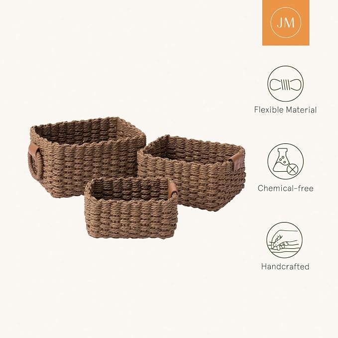LA JOLIE MUSE Small Wicker Baskets For Organizing, Paper Rope, Brown 3 Pk | Decorative Organizer with Vegan Leather Tag, Round Handle, Storage Baskets for Shelves, Bedroom, Kitchen, Office and Home